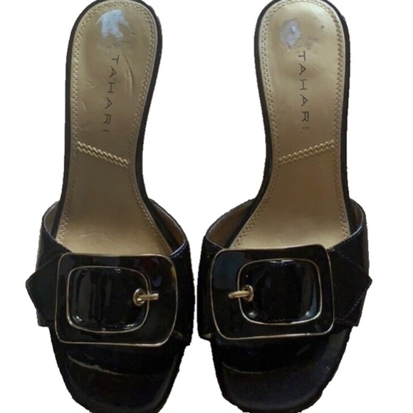 Y2K TAHARI BLACK HEELS SANDALS SZ 7 M BACKLESS SLIP ONS 3” HEELS SOHO BUCKLE - Picture 2 of 10